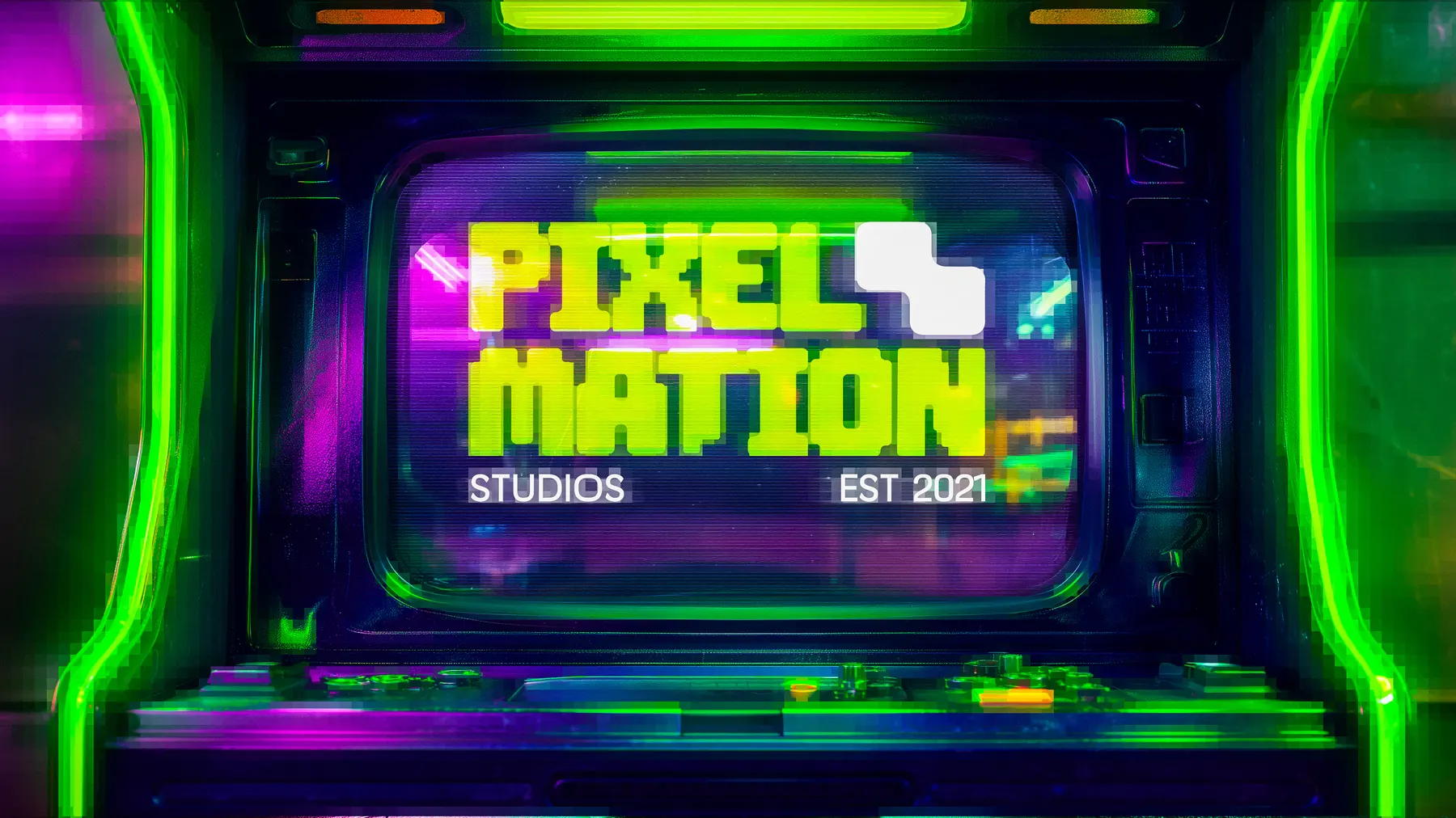 The Pixelmation Studios logo on an arcade screen
